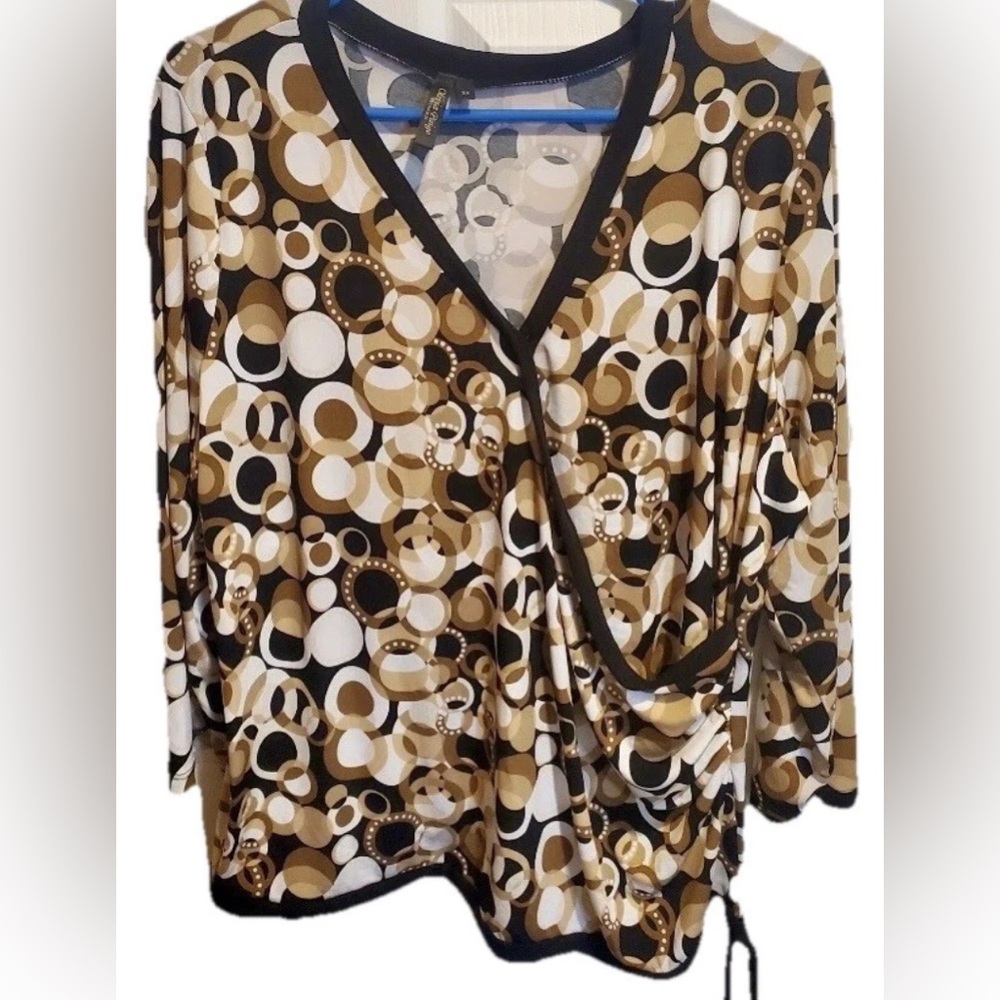 Olivia Paige Womens Draped Neck Blouse Top Plus Size 3xl Brown White 3/4 Sleeve